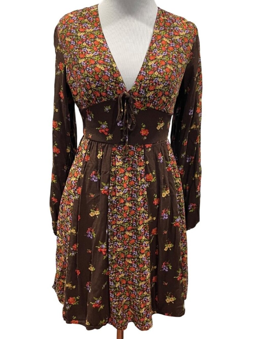 SO Mixed Floral Fit & Flare Mini Dress XS Brown Romantic Feminine Cottagecore